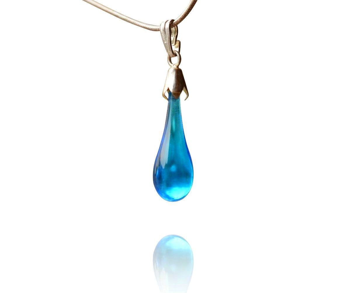Aqua Blue Glass Drop Pendant Necklace