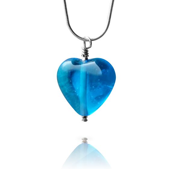 Aqua Blue Glass Heart Pendant Necklace