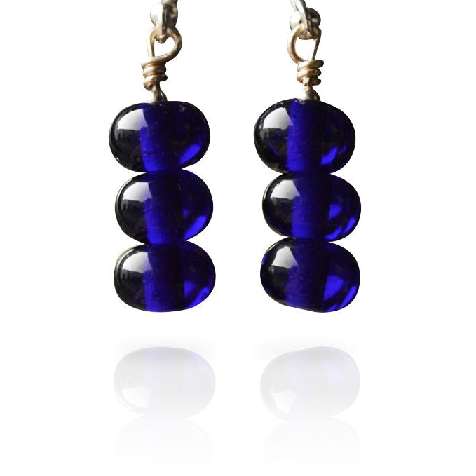 Cobalt Blue Glass Short Hook Three Tier Cluster Bead Earrings