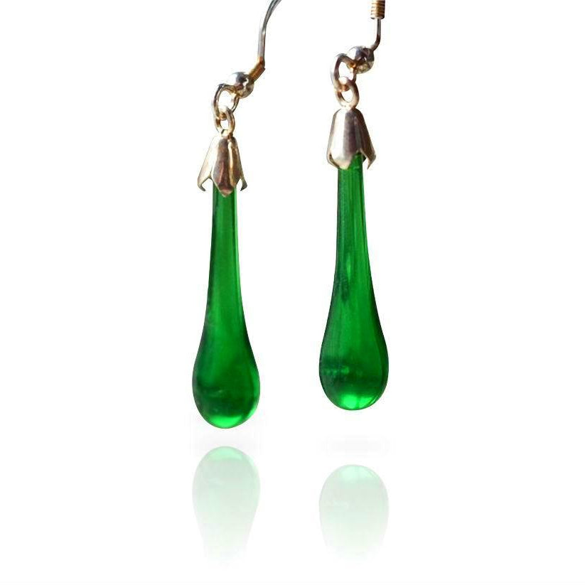 Green Glass Drop Hook Earrings