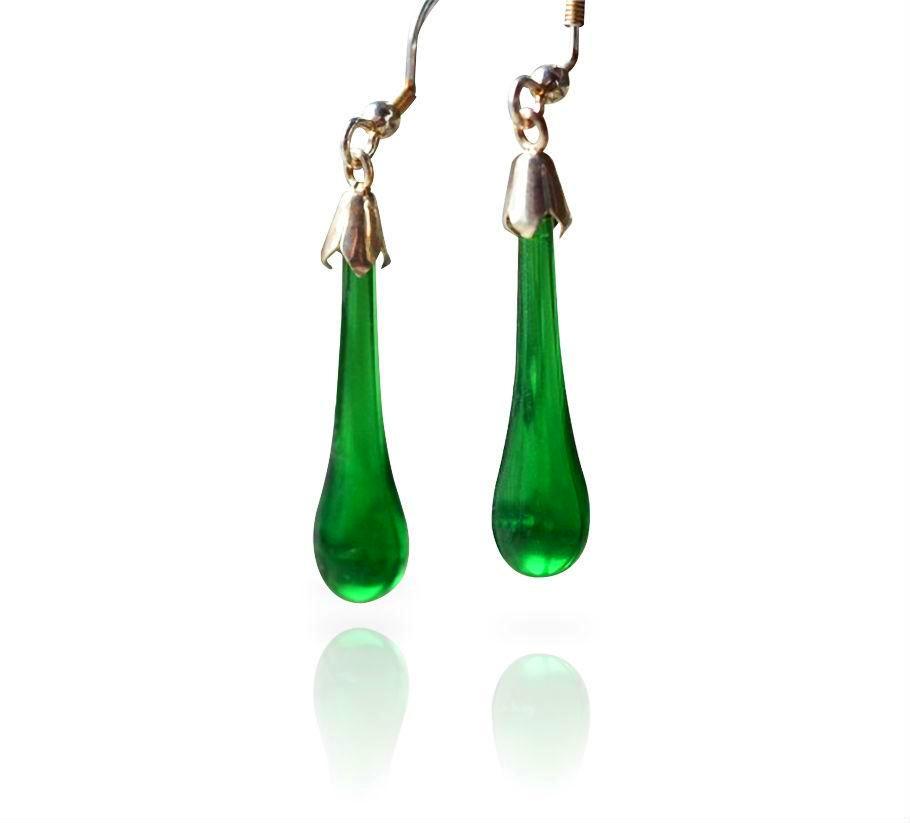 Green Glass Drop Hook Earrings