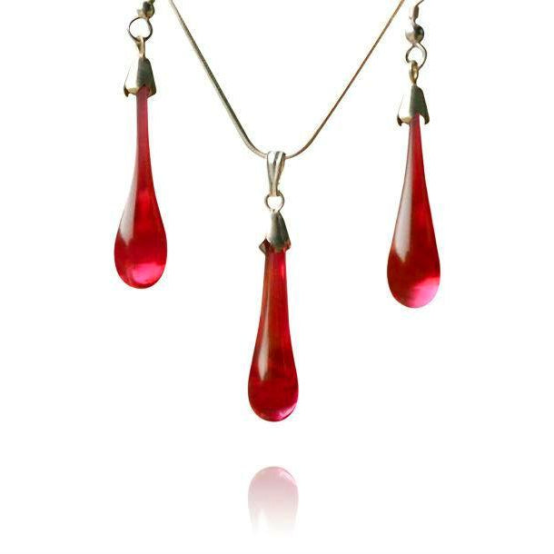 Red Glass Drop Pendant Necklace and Hook Earring Set