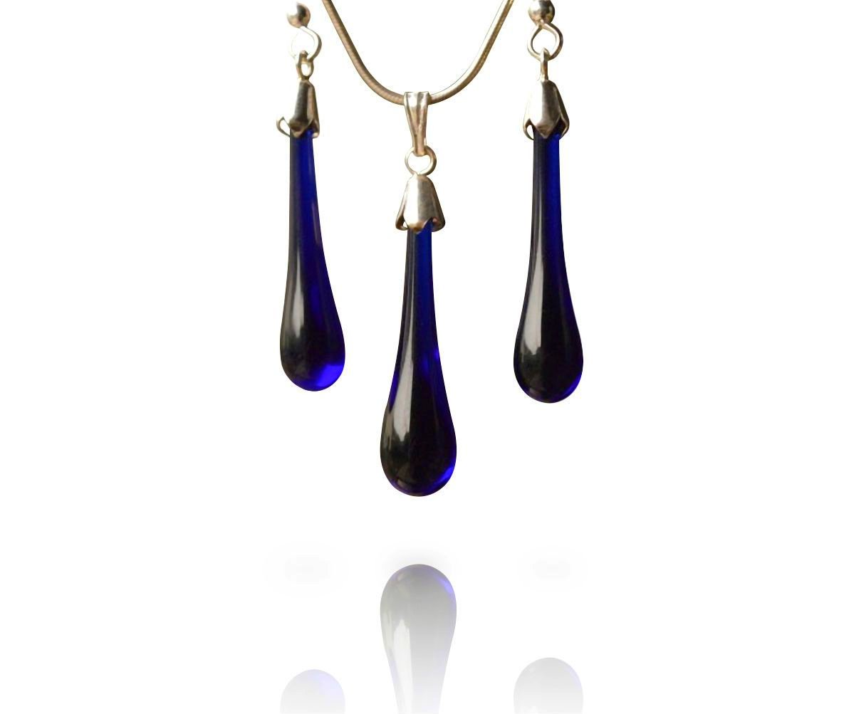 Blue Drop Pendant and Hook Earring Set