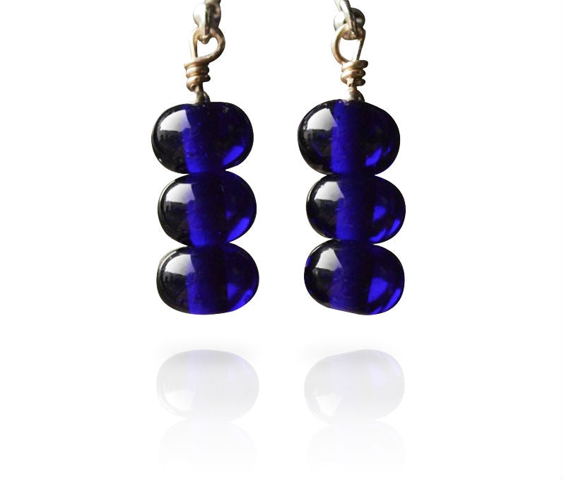 Cobalt Blue Glass Short Hook Three Tier Cluster Bead Earrings