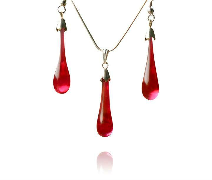 Red Glass Drop Pendant Necklace and Hook Earring Set